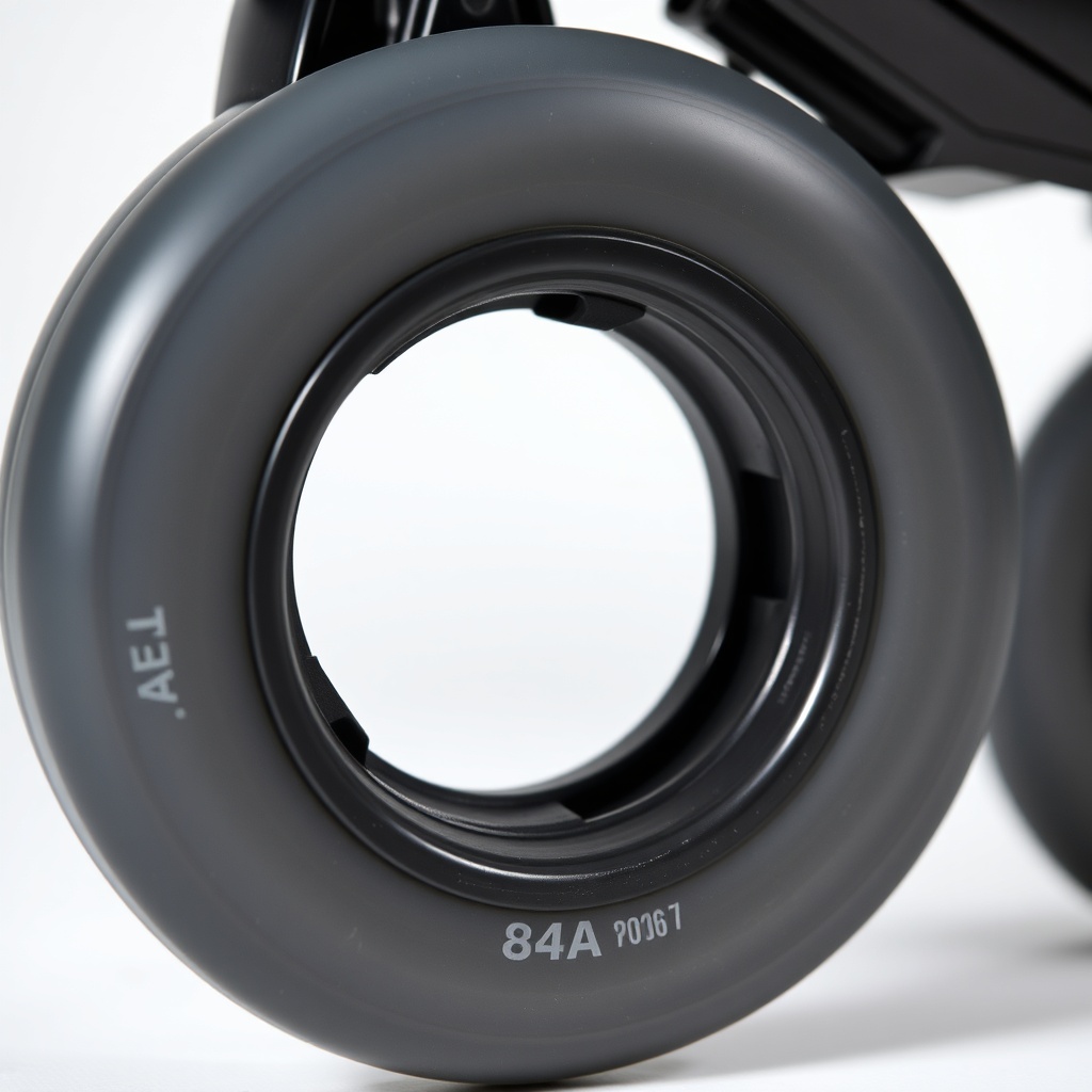 인라인 스케이트 휠 측면에 선명하게 각인된 84A 경도 표시와 브랜드 로고