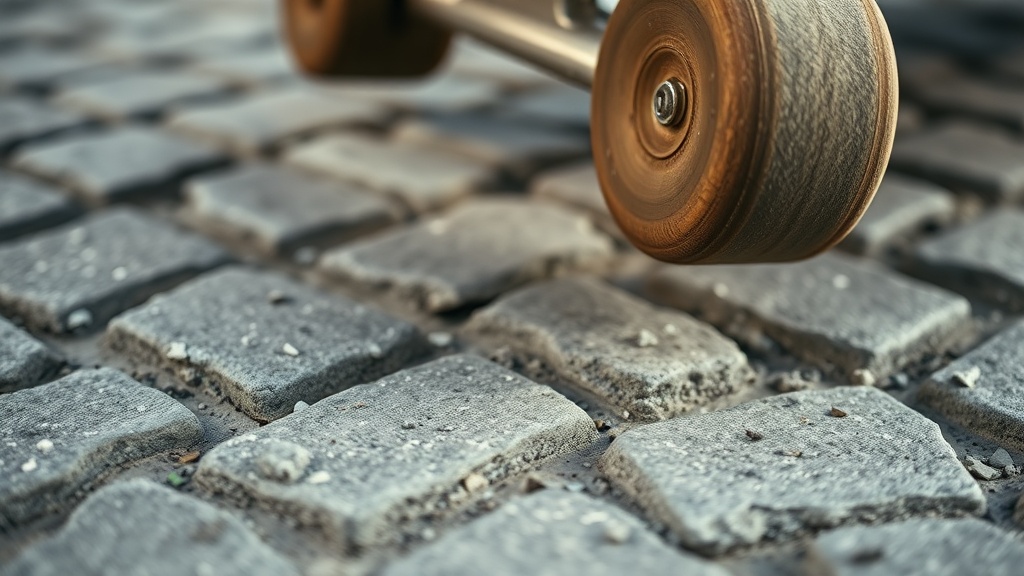 거친 보도블록 위를 주행하며 노면의 진동이 스케이트 프레임을 통해 전달되는 상황